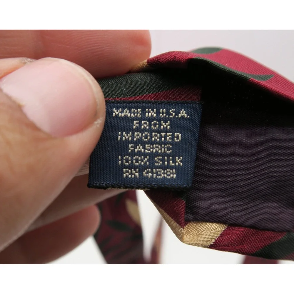 Polo Ralph Lauren Men Silk Tie Burgundy Red Black Tan Leaf Pattern Hand Made USA